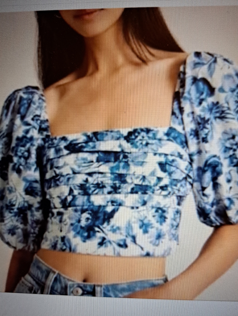 Abercrombie & Fitch Blue White Floral Puff Sleeve Smocked Crop Top Sz M